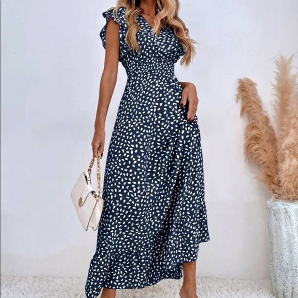 Dots ruffle trim shirred waist maxi dress navy blue - Picture 2 of 16